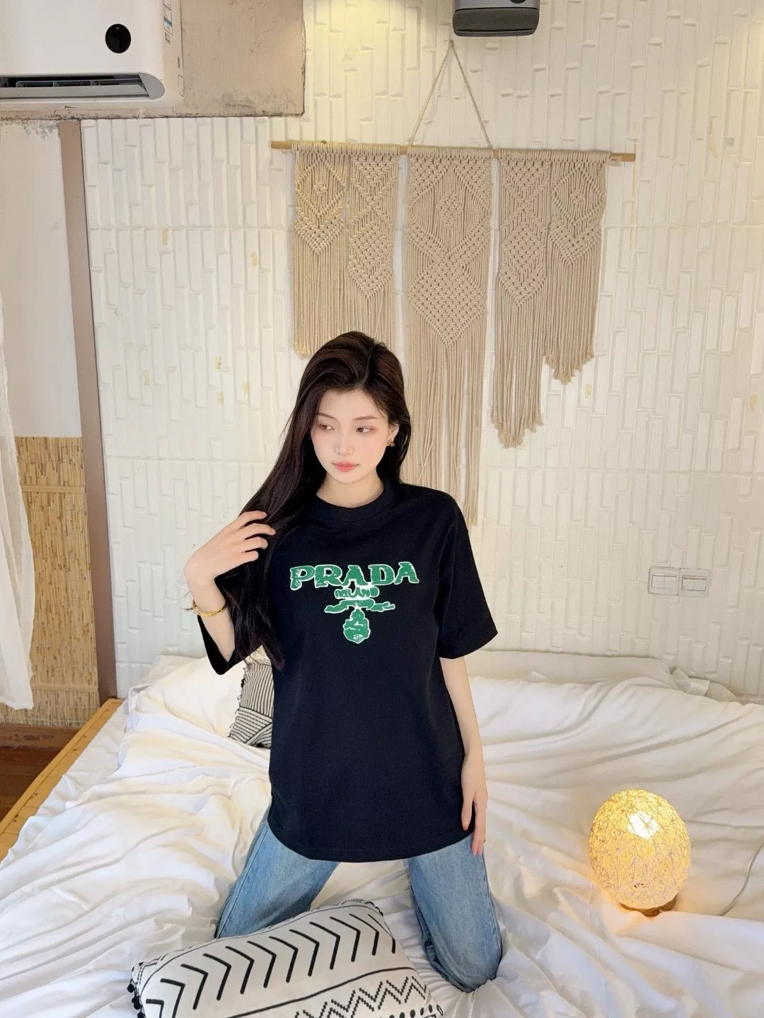 프라다 그린 레터 로고 프린트 반소매 상세 이미지 13