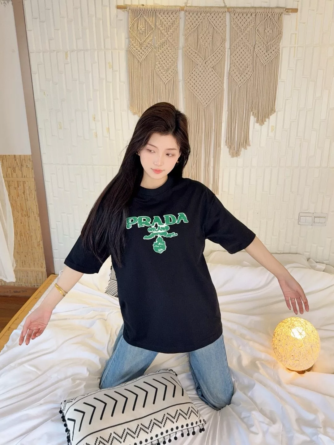 프라다 그린 레터 로고 프린트 반소매 상세 이미지 18
