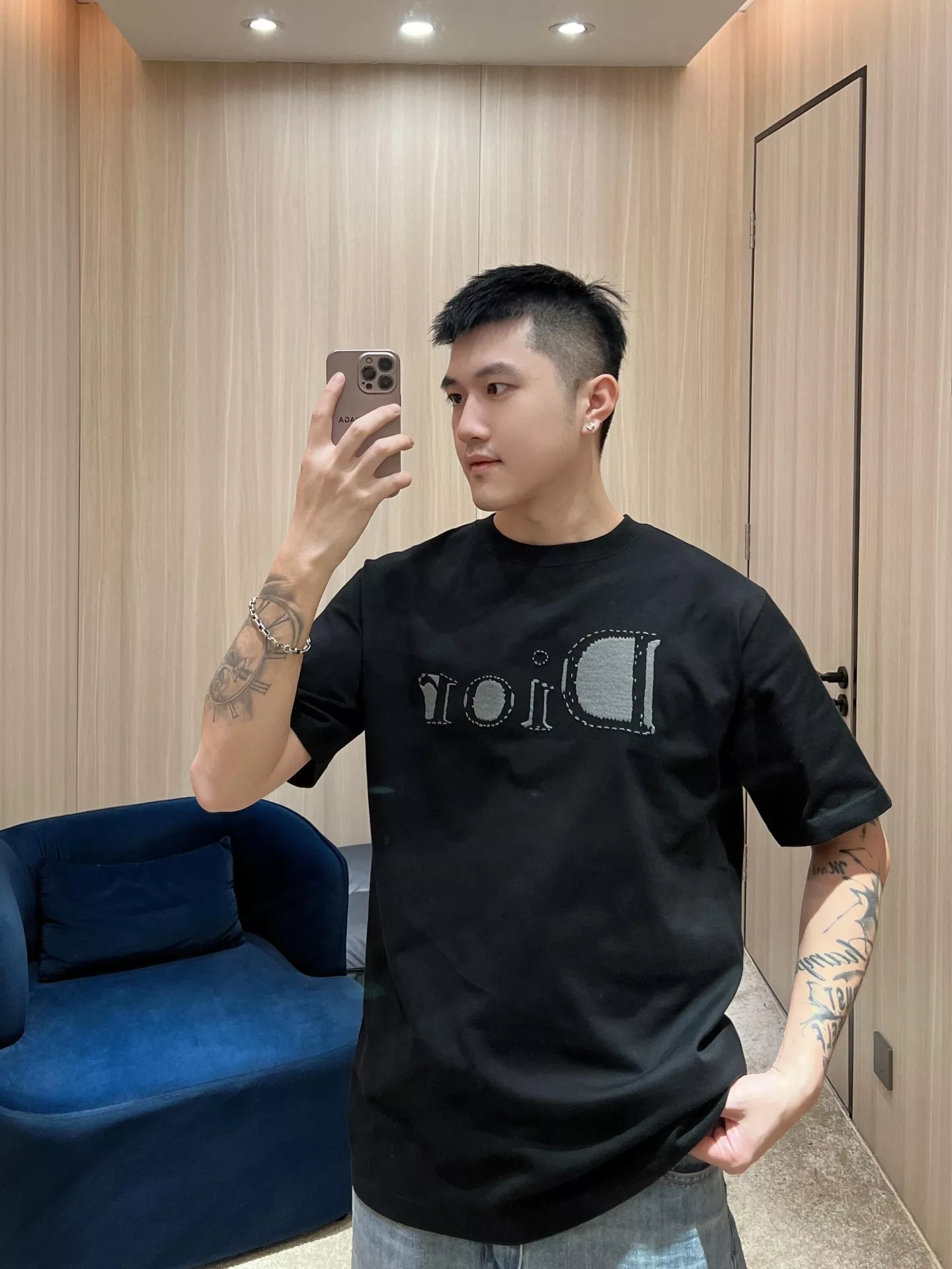 디올 레터 로고 자수 반소매 탑 상세 이미지 11