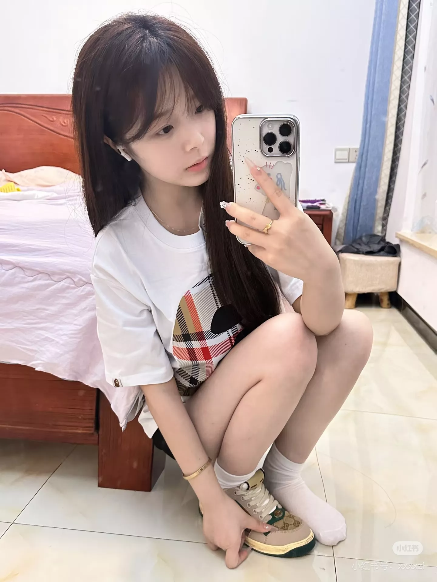 베이프 체크 패턴 유인원 헤드 로고 반팔 상세 이미지 17