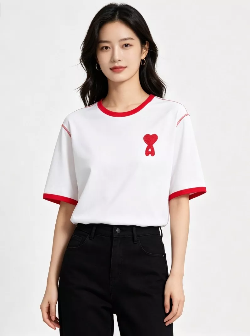 아미 배색 스티치 하트 자수 반팔 상세 이미지 14