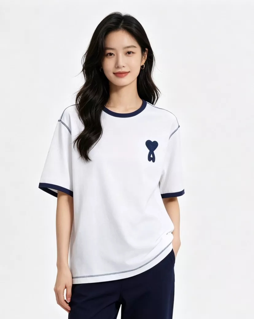 아미 배색 스티치 하트 자수 반소매 티셔츠 상세 이미지 14