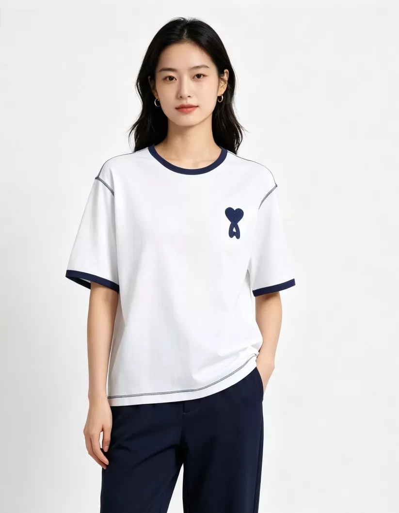 아미 배색 스티치 하트 자수 반소매 티셔츠 상세 이미지 15