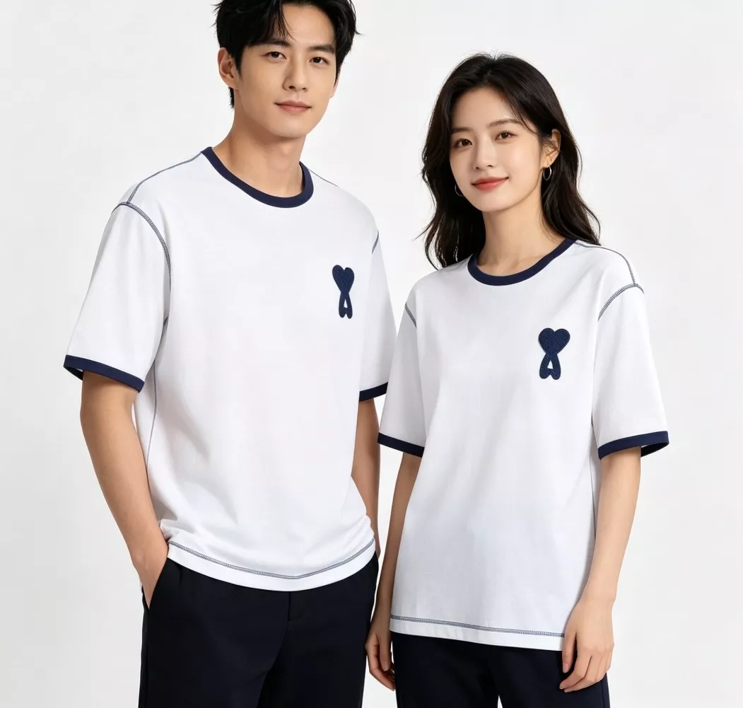 아미 배색 스티치 하트 자수 반소매 티셔츠 상세 이미지 11