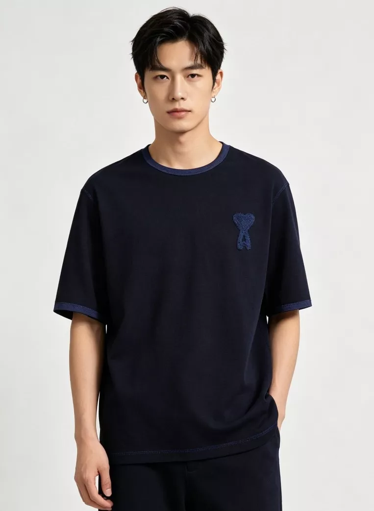 아미 하트 자수 배색 스티치 반소매 탑 상세 이미지 12