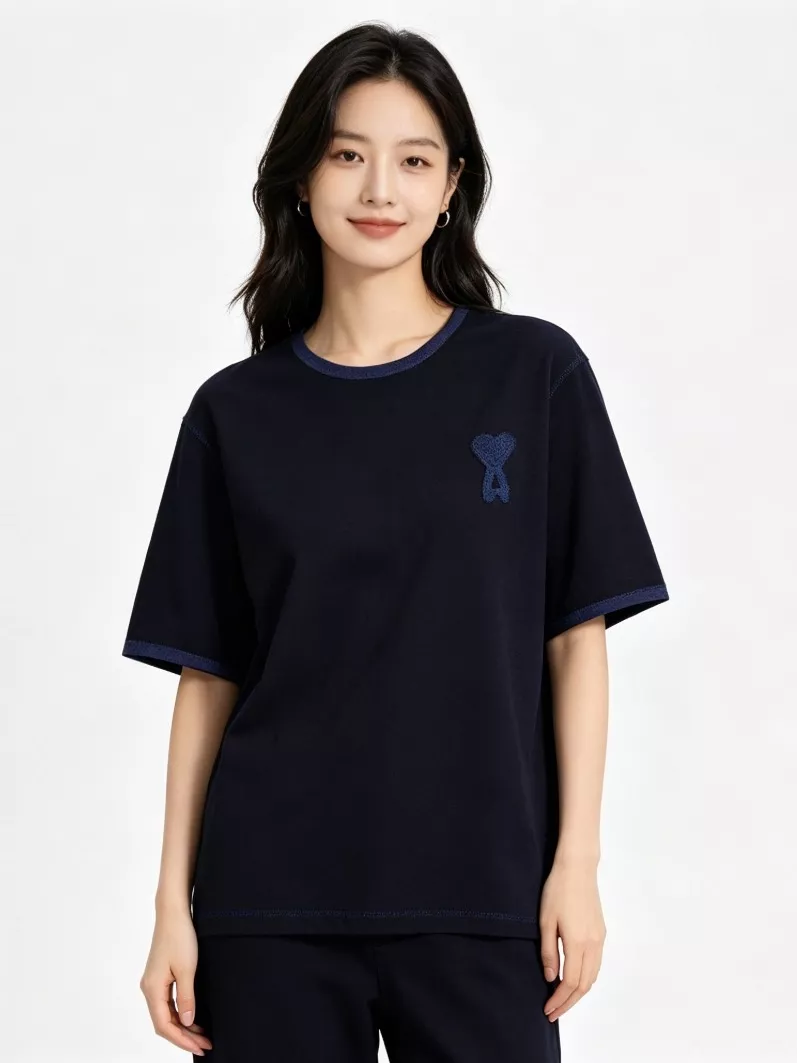 아미 하트 자수 배색 스티치 반소매 탑 상세 이미지 15