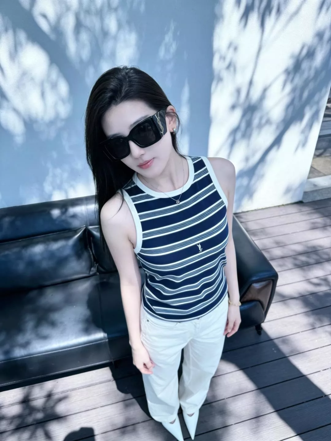 입생로랑 로고 자수 스트라이프 슬리브리스 탑 상세 이미지 13