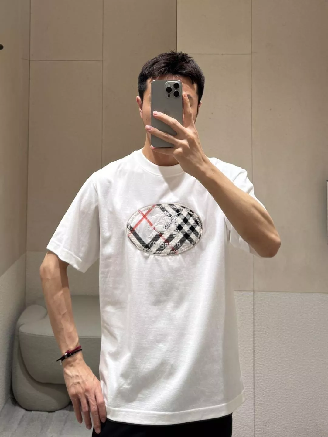 버버리 체크 기사 자수 원형넥 반팔 탑 상세 이미지 21