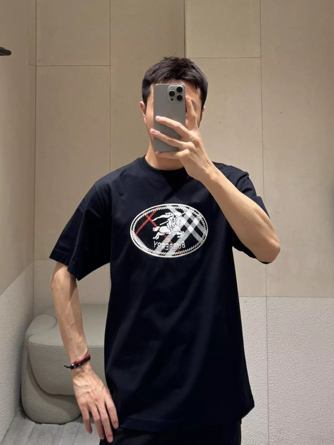 버버리 체크 기사 자수 원형넥 반팔 탑 상세 이미지 9