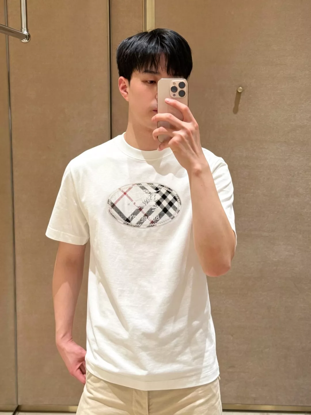 버버리 체크 기사 자수 원형넥 반팔 탑 상세 이미지 17