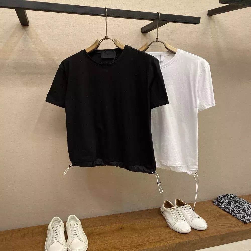 프라다 밑단 스트링 라운드넥 반소매 탑