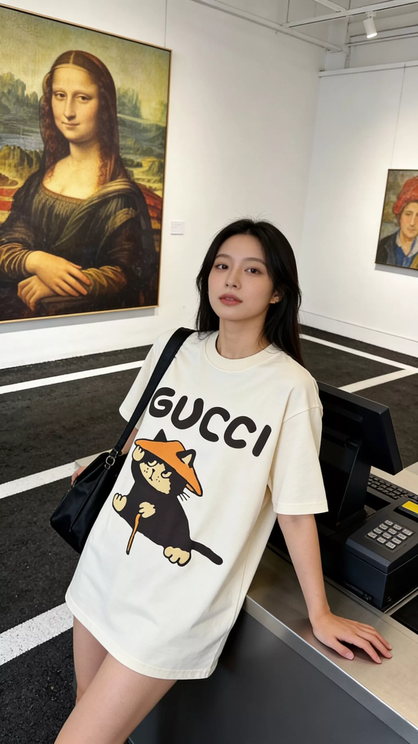 구찌 카툰 초상 캣 프린트 라운드 반팔 상세 이미지 16