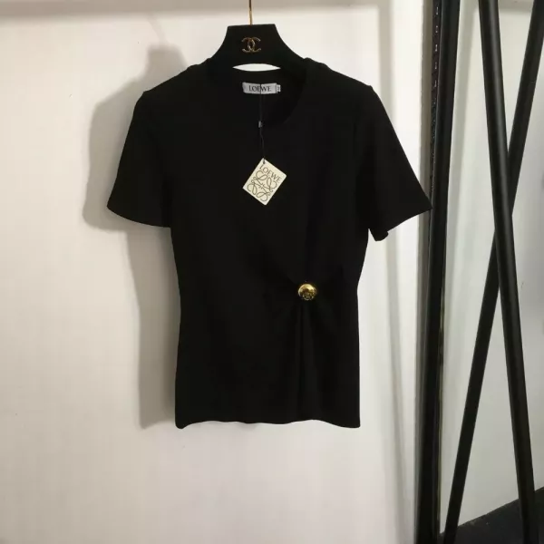 로에베 금속 로고 브로치 장식 셔링 허리라인 반팔 상의