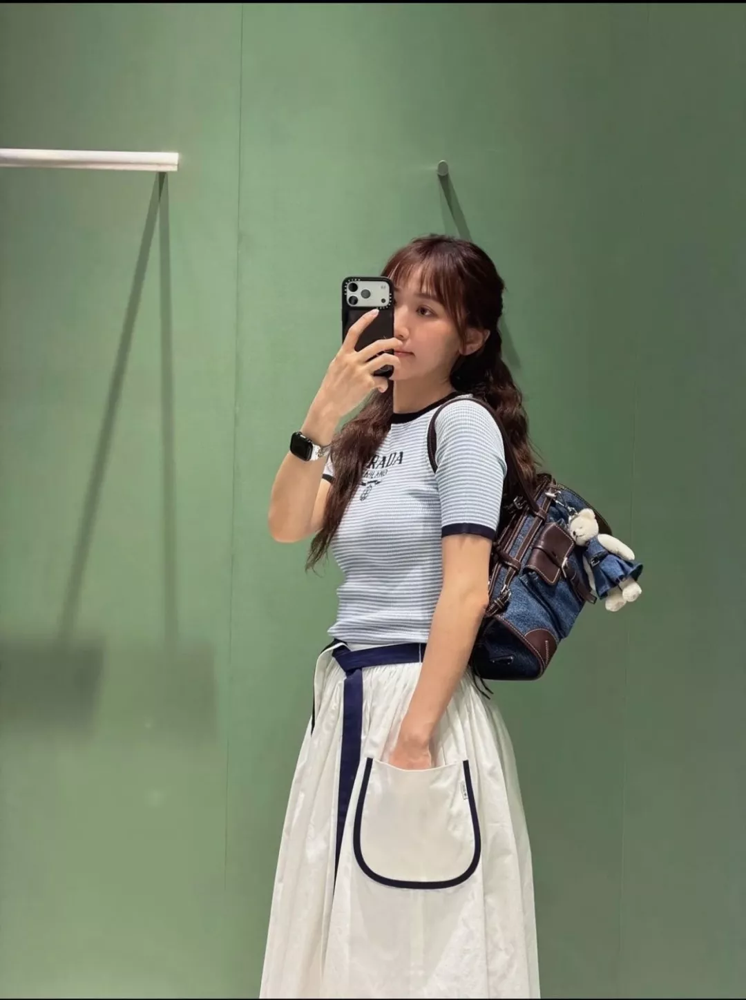 프라다 화이트 블루 배색 코튼 스커트 상세 이미지 20
