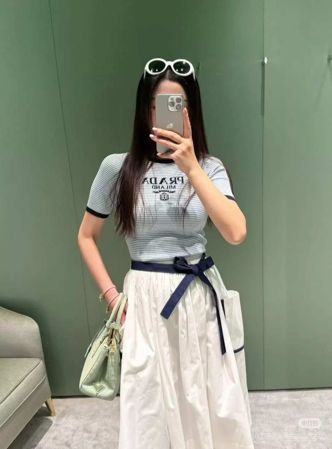 프라다 화이트 블루 배색 코튼 스커트 상세 이미지 19