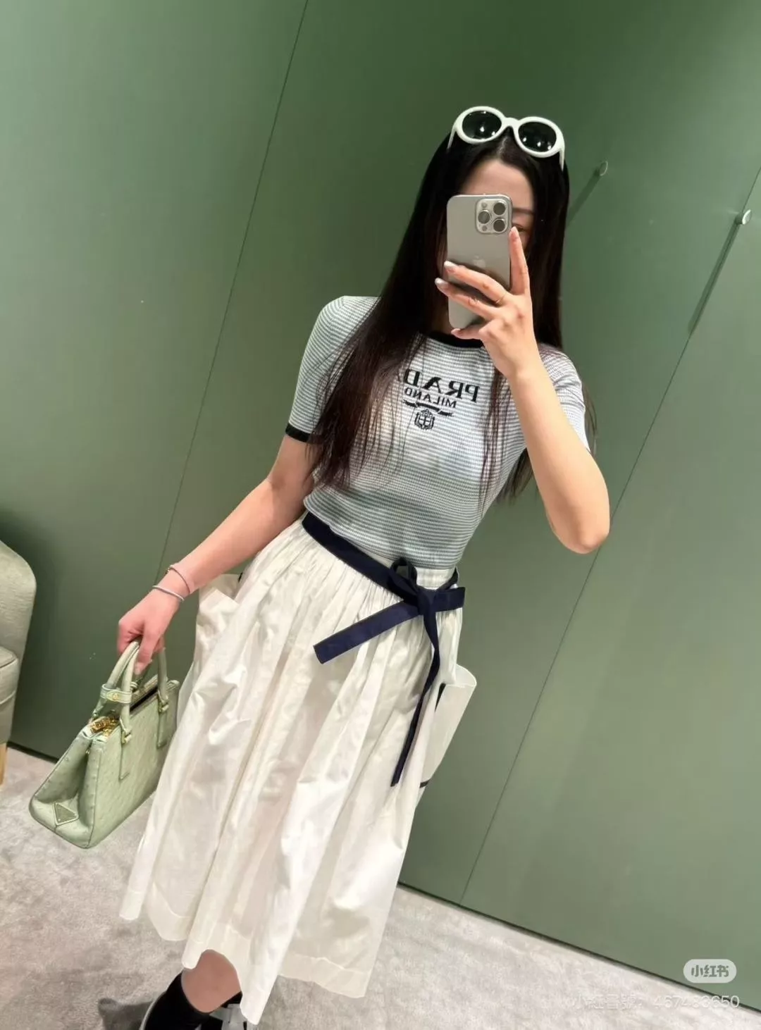 프라다 화이트 블루 배색 코튼 스커트 상세 이미지 18