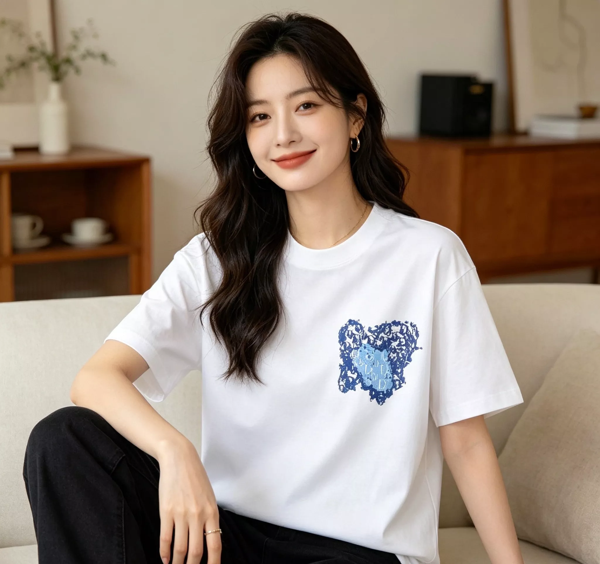 디올 블루 그라데이션 하트 프린트 반팔 상의 상세 이미지 12