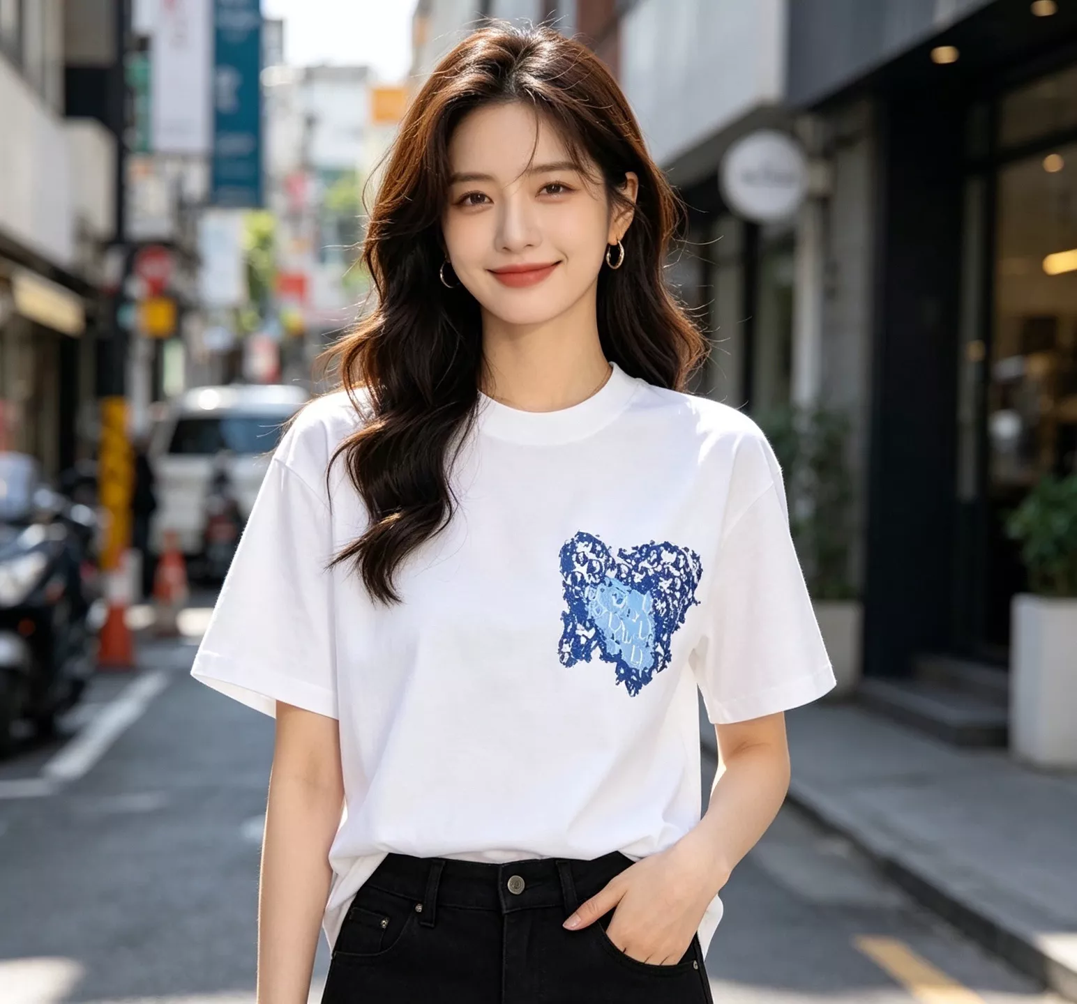 디올 블루 그라데이션 하트 프린트 반팔 상의 상세 이미지 17