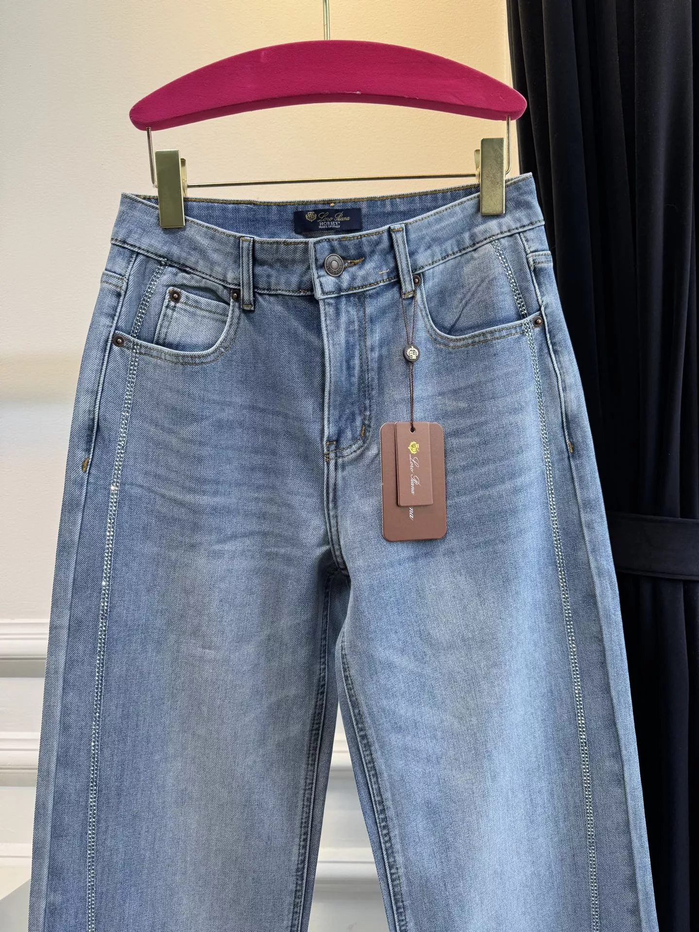 로로피아나 측면 핫픽스 장식 와이드 데님 팬츠 상세 이미지 2