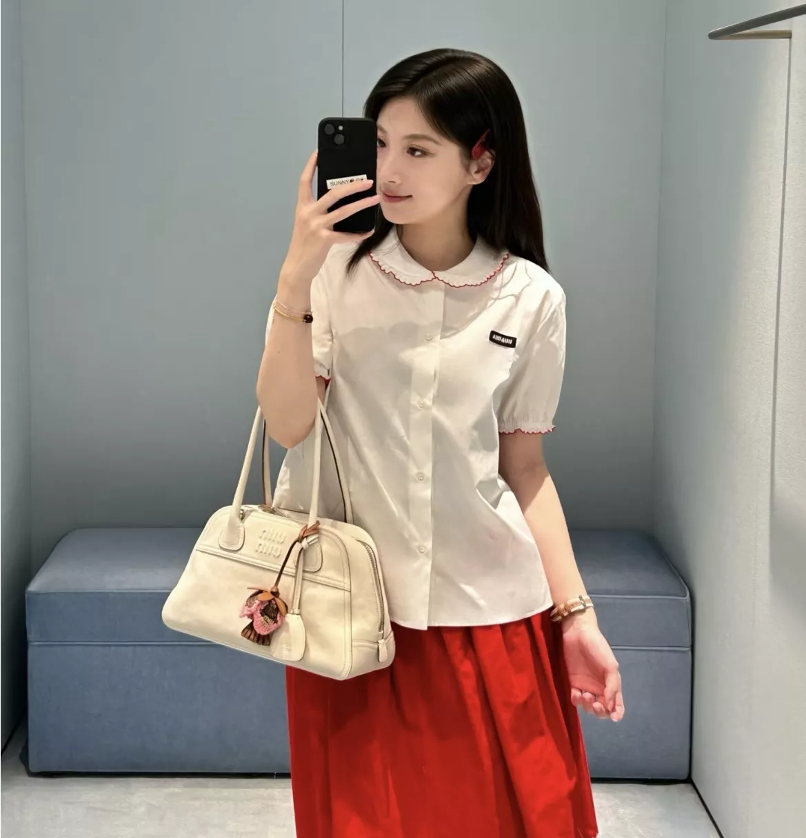 미우미우 화이트 코튼 빅카라 포인트 탑 상세 이미지 23