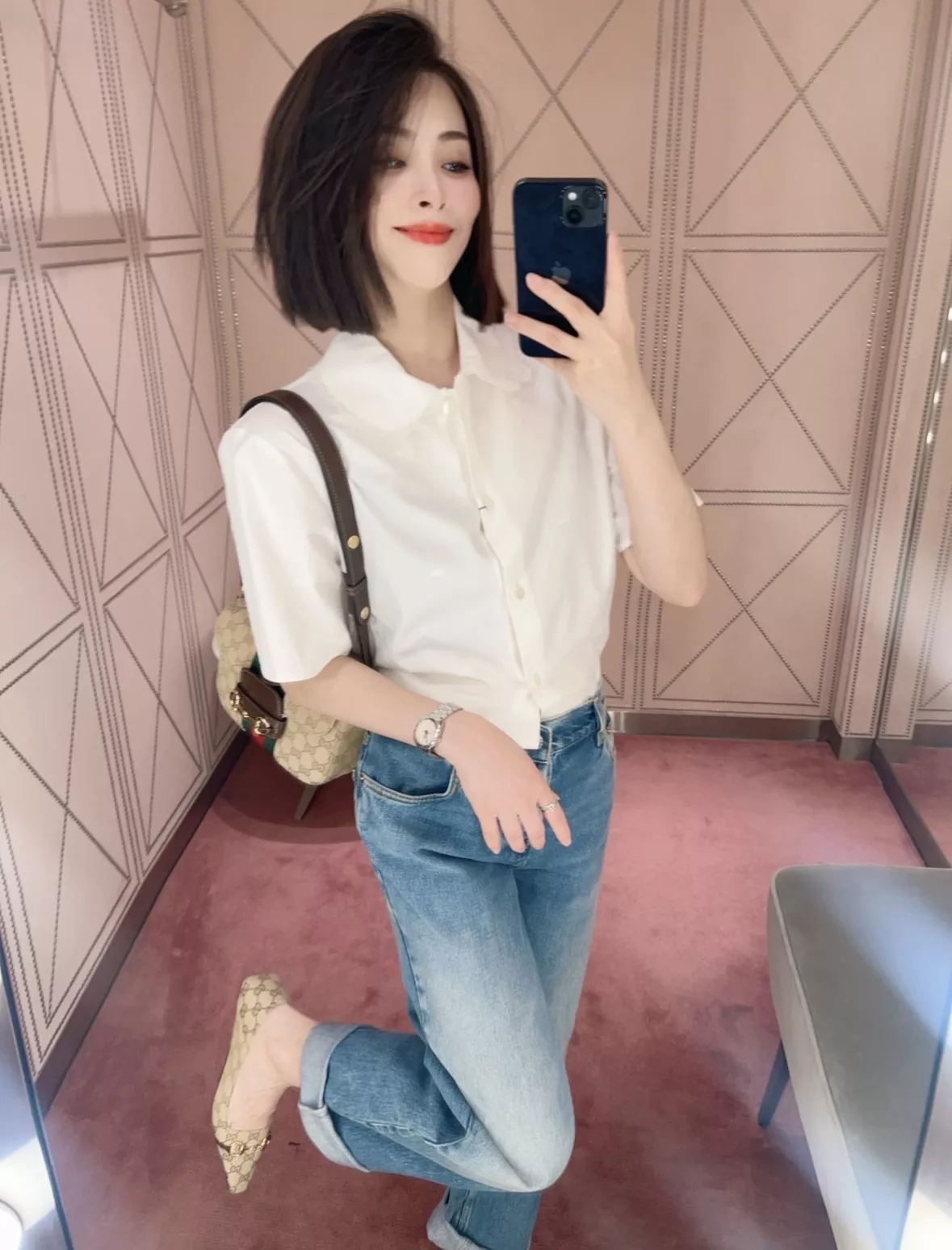 구찌 도트 자수 자카드 빅카라 화이트 셔츠 상세 이미지 45