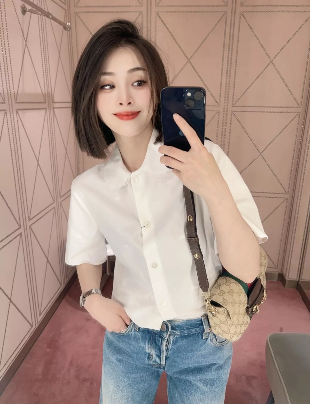 구찌 도트 자수 자카드 빅카라 화이트 셔츠 상세 이미지 44