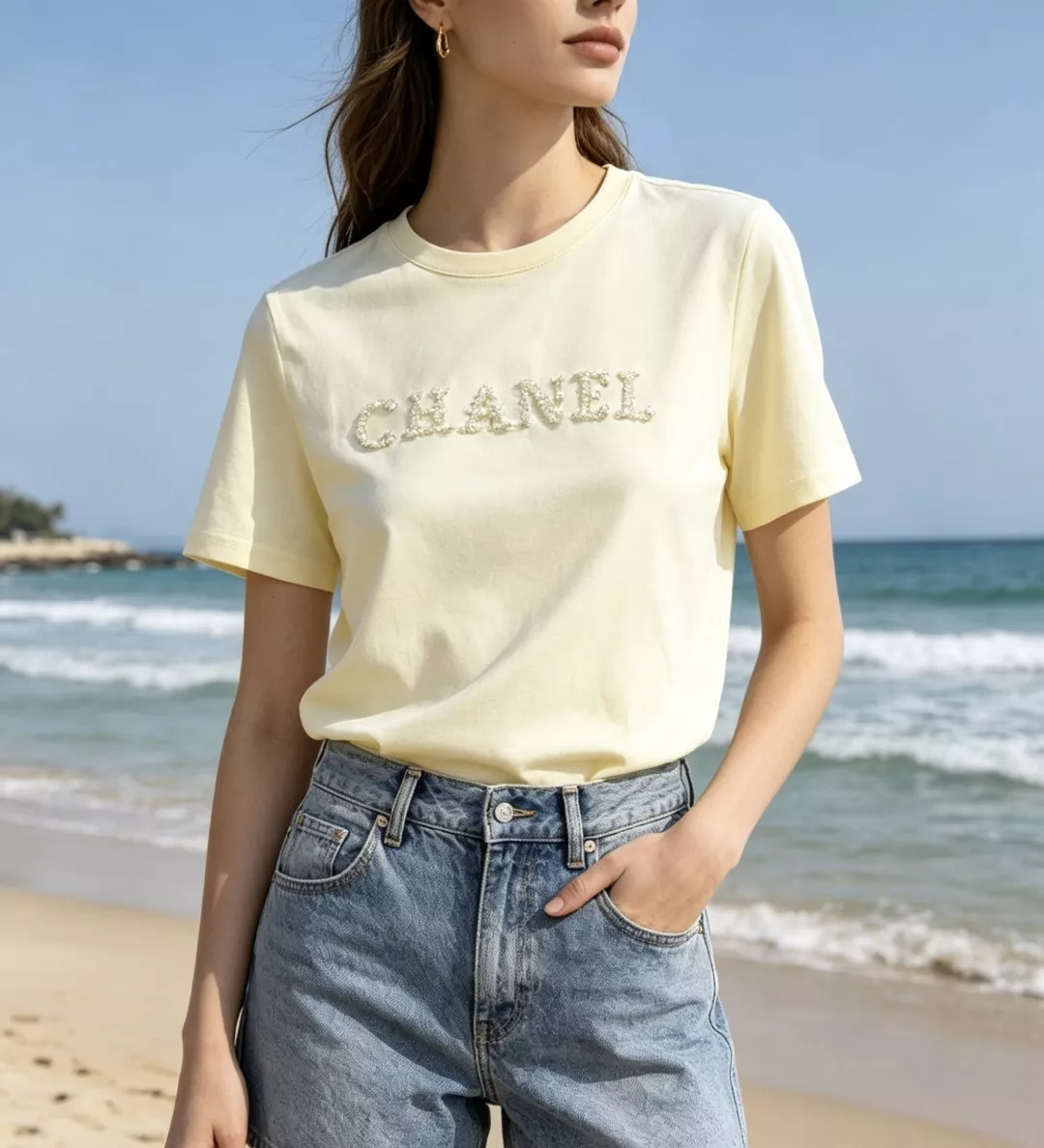 샤넬 진주 자수 포인트 크림 반팔 상의 상세 이미지 9
