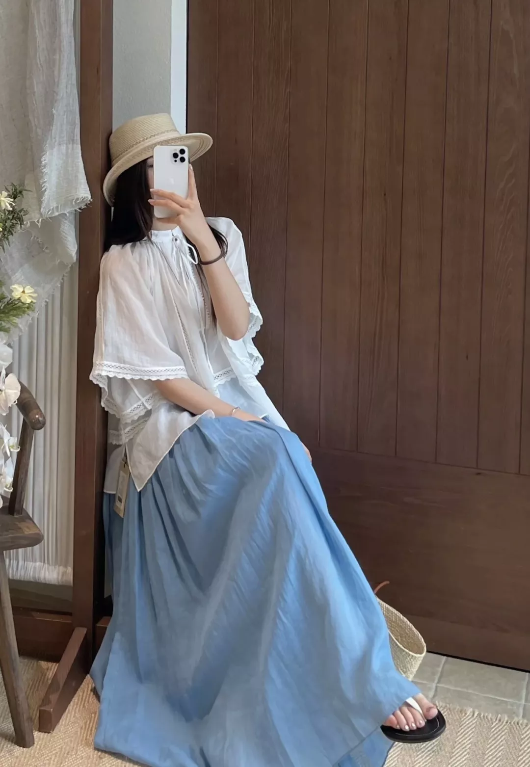 짐머만 천연 모시 원단 스카이 블루 플레어 스커트 상세 이미지 12