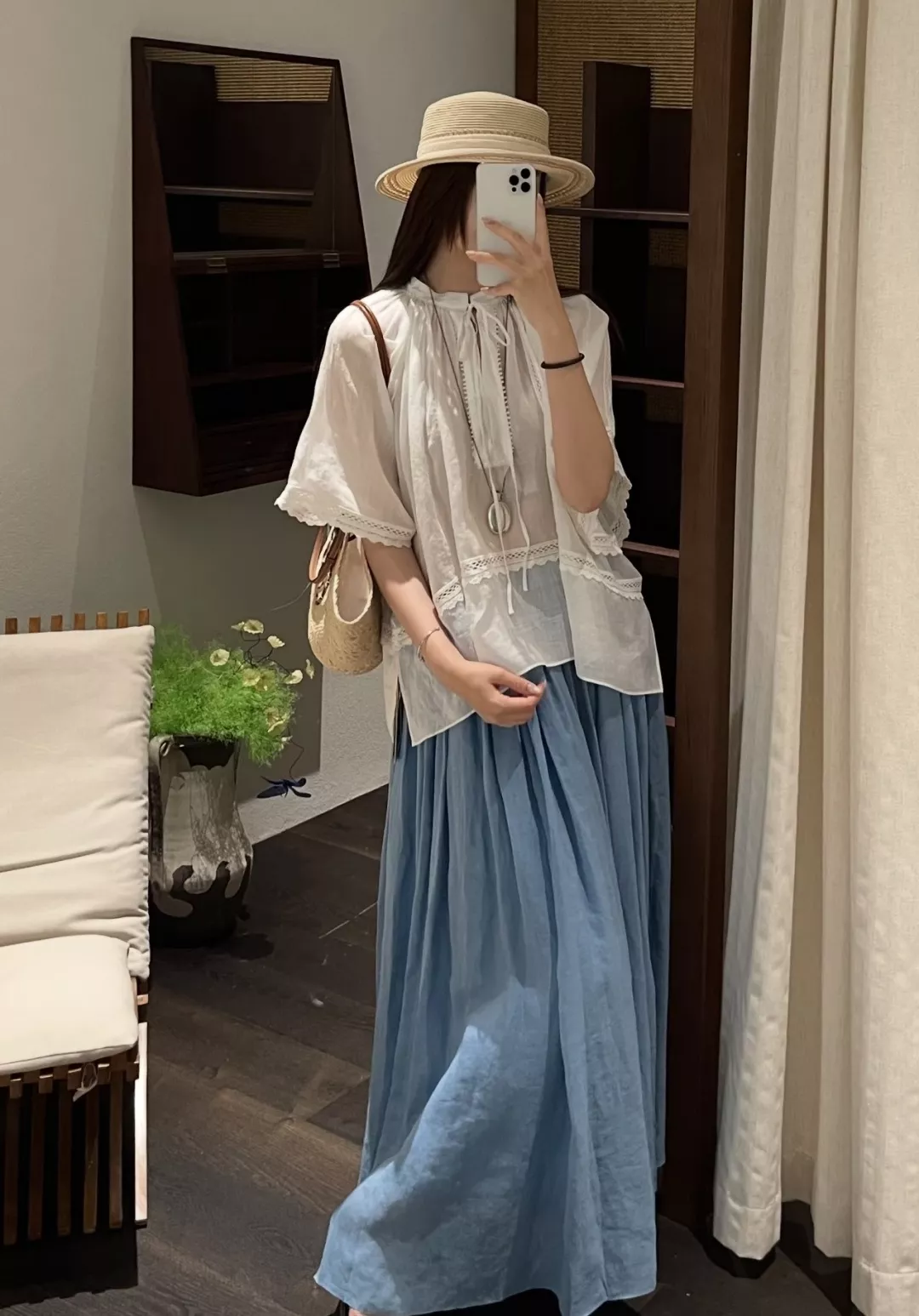 짐머만 천연 모시 원단 스카이 블루 플레어 스커트 상세 이미지 10