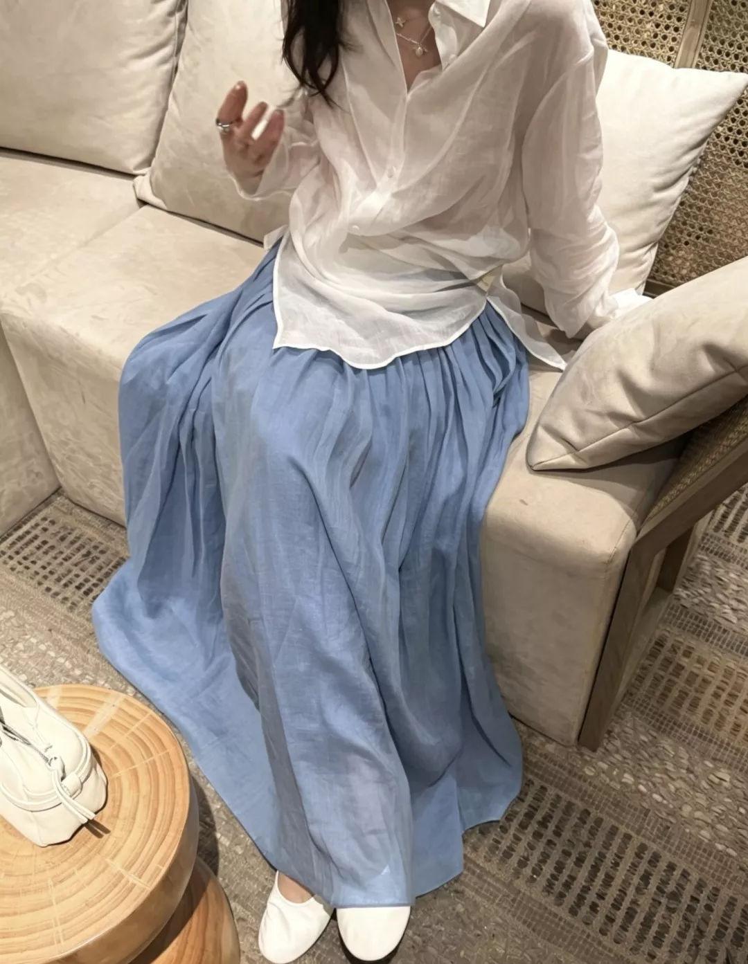 짐머만 천연 모시 원단 스카이 블루 플레어 스커트 상세 이미지 16