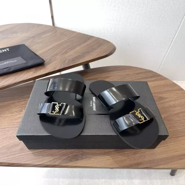 입생로랑 로고 버클 장식 가죽 슬라이드