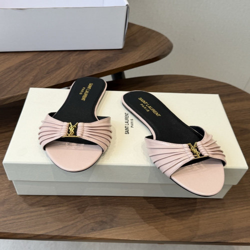 입생로랑 플리츠 디테일 YSL 장식 플랫 슬라이드