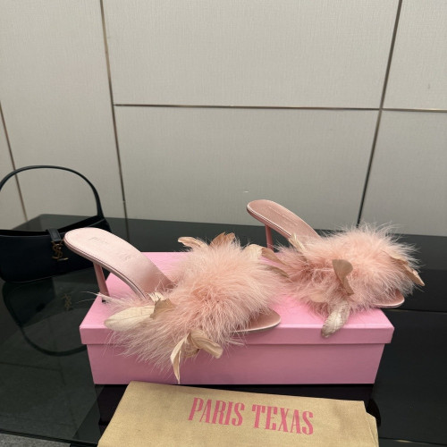 파리스텍사스 퍼 장식 포인티드 하이힐 뮬