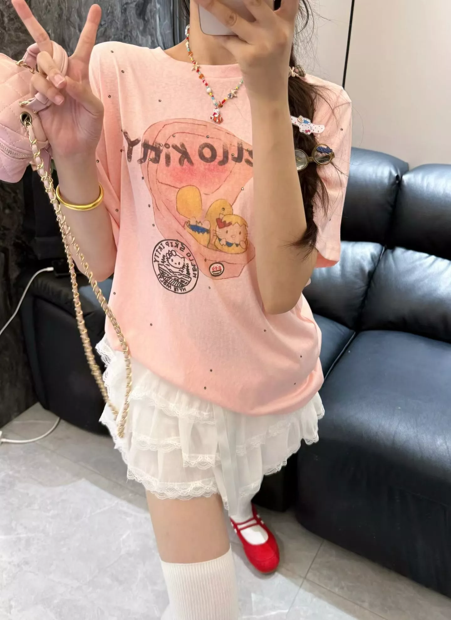 노브랜드 빈티지 키티 프린팅 반팔 탑 상세 이미지 33