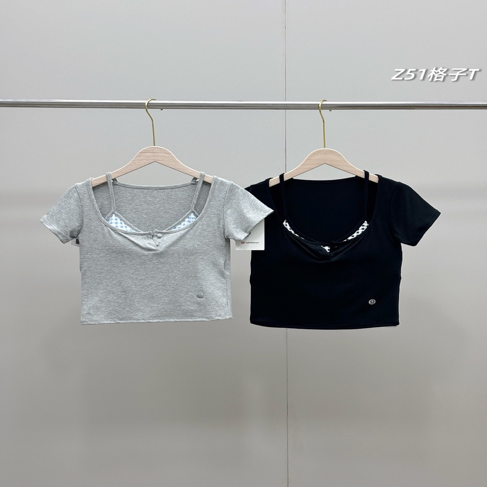 룰루레몬 체크 레이어드 반팔 상의 세트