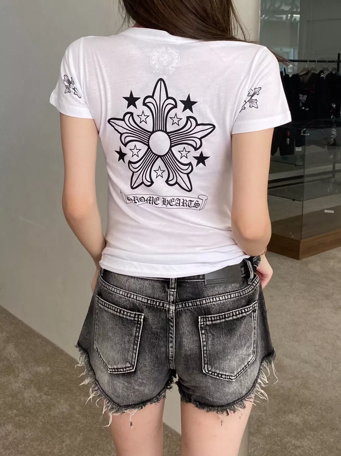 크롬하츠 빈티지 무드 크로스 프린트 슬림 반팔 탑 상세 이미지 9