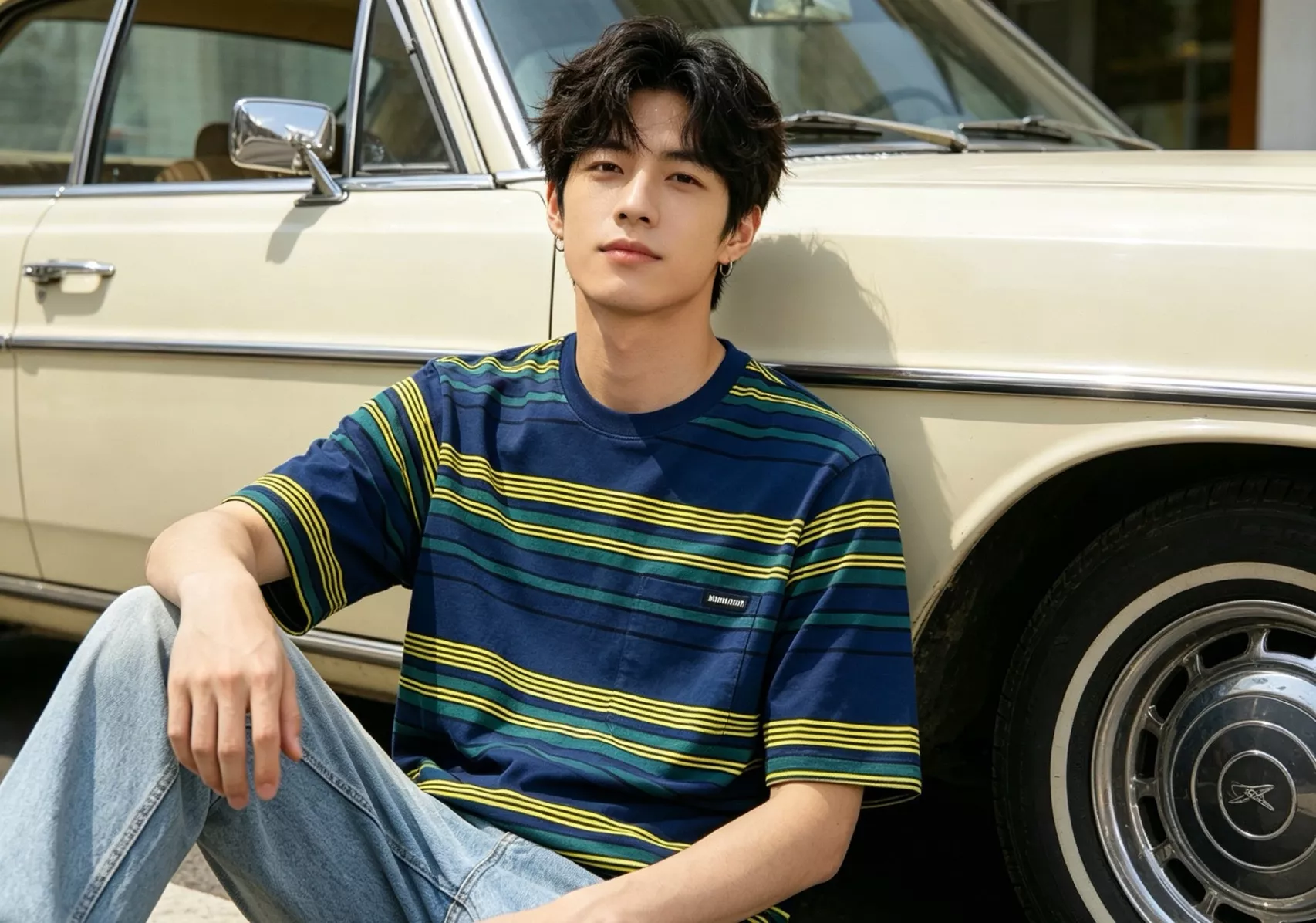미우미우 오톤네 시리즈 배색 스트라이프 니트 탑 상세 이미지 17