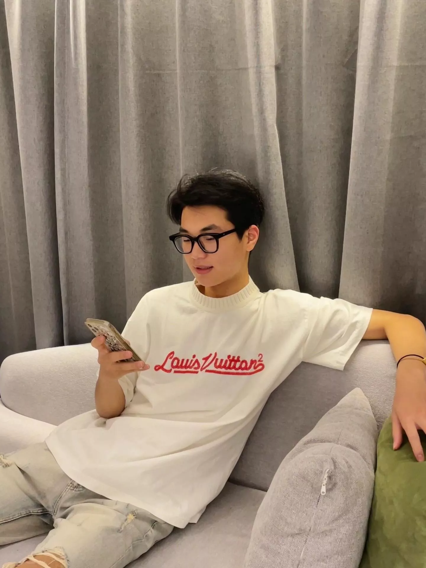 루이비통 레터 자수 라운드 반소매 니트 탑 상세 이미지 22