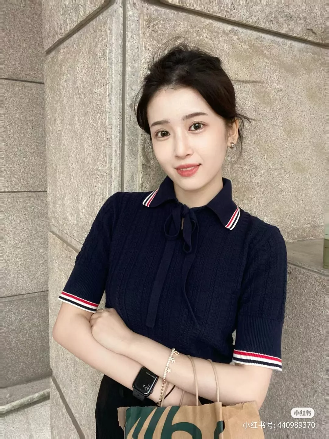톰브라운 리본 레이스업 반팔 니트 탑 상세 이미지 29