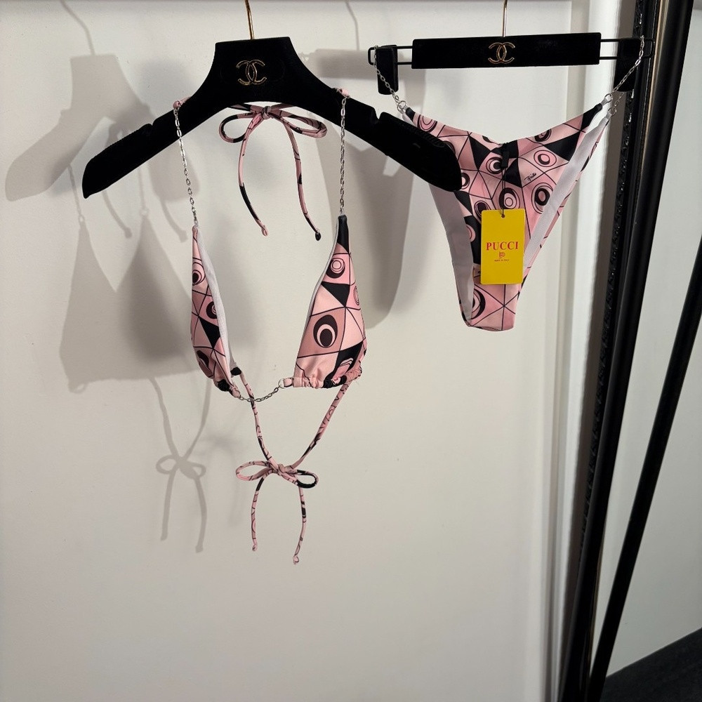 푸치 배색 프린트 분리형 수영복 세트