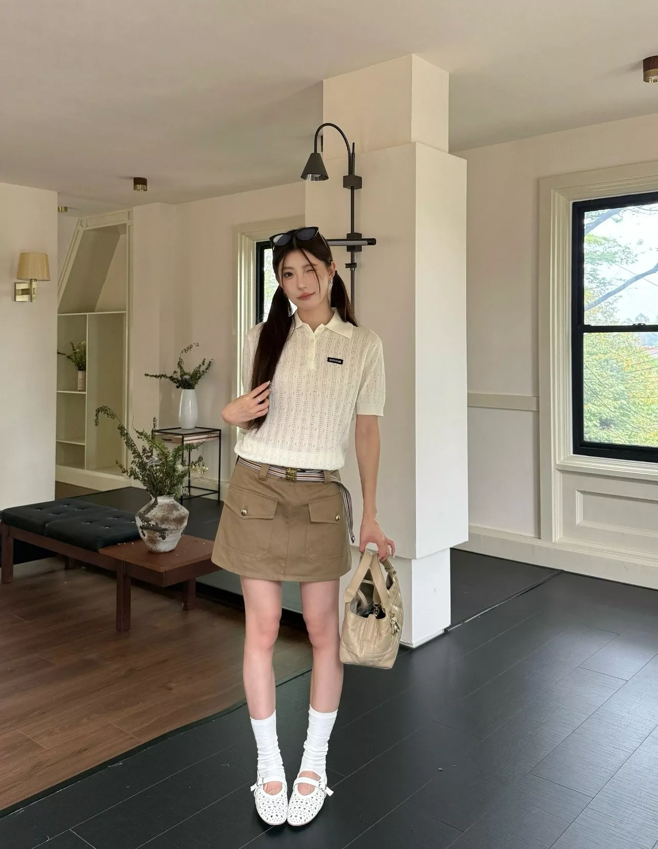 미우미우 폴로 스타일 반소매 니트 탑 상세 이미지 57