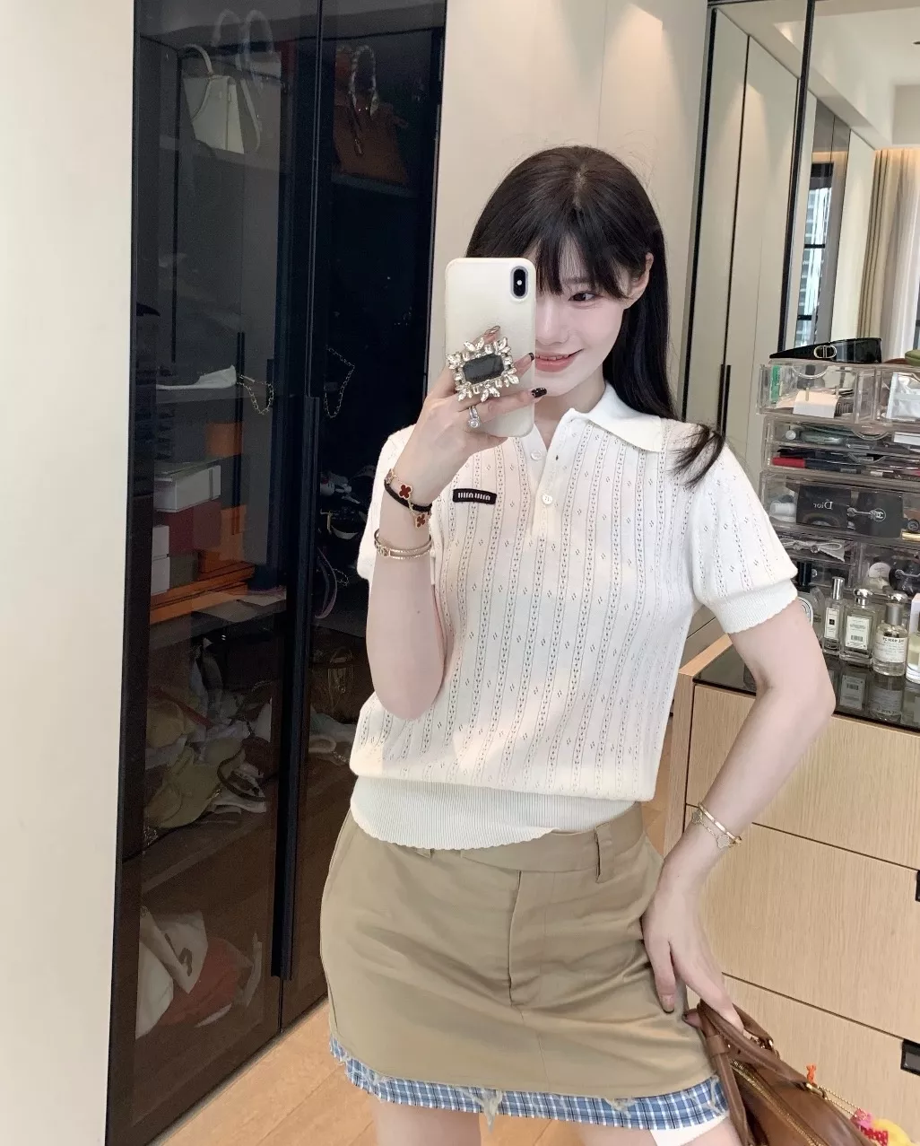 미우미우 폴로 스타일 반소매 니트 탑 상세 이미지 45
