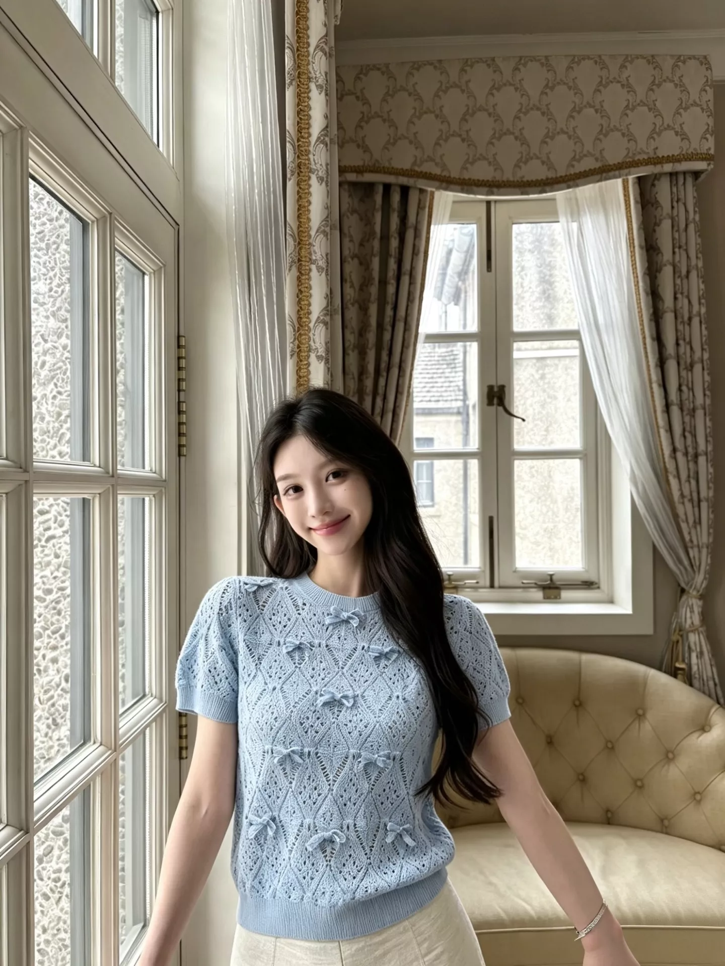 디올 리본 장식 포인트 반소매 니트 상세 이미지 17