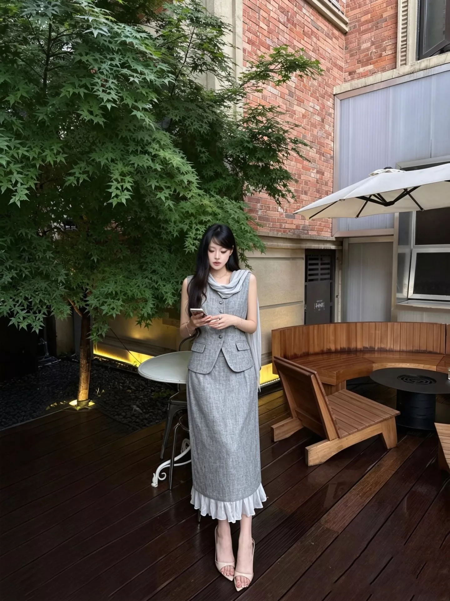 로로피아나 린넨 질감 베스트 스커트 셋업 상세 이미지 13