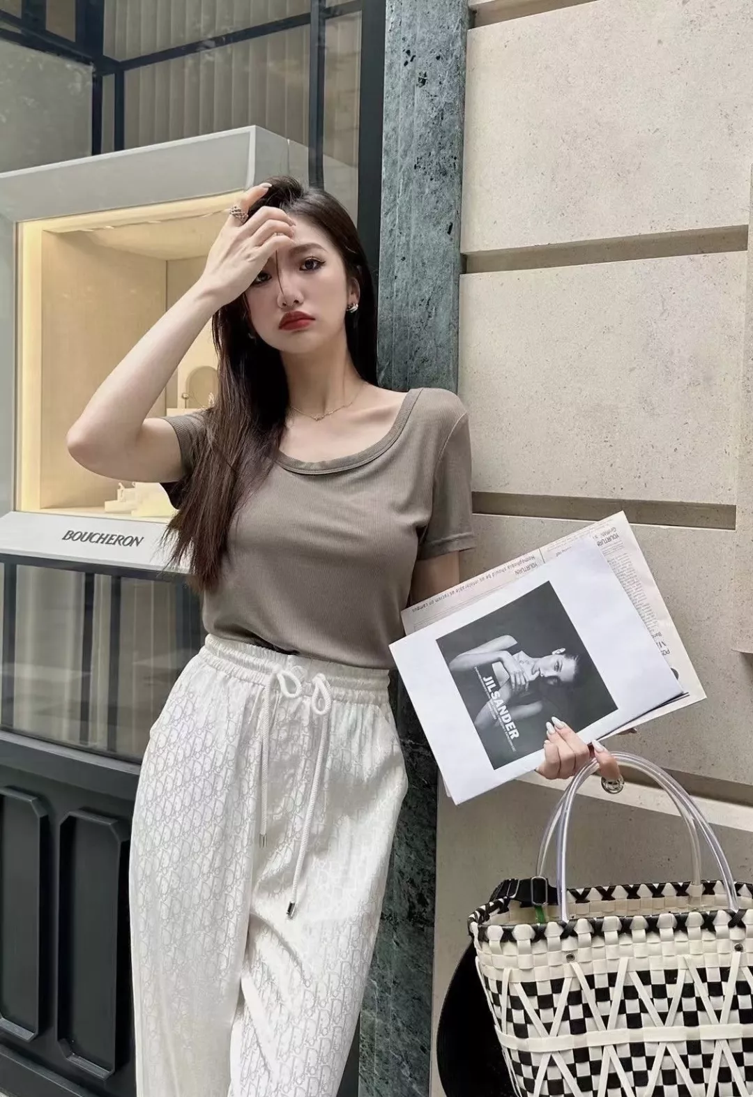 디올 자카드 와이드 밴딩 팬츠 상세 이미지 11