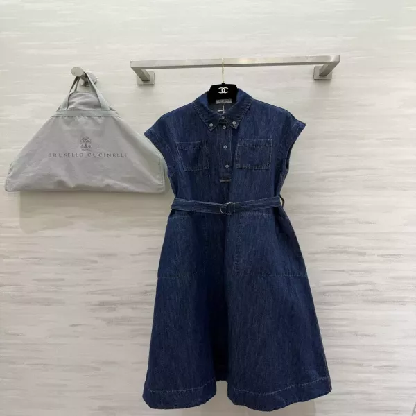 브루넬로쿠치넬리 데님 셔츠 칼라 벨트 원피스