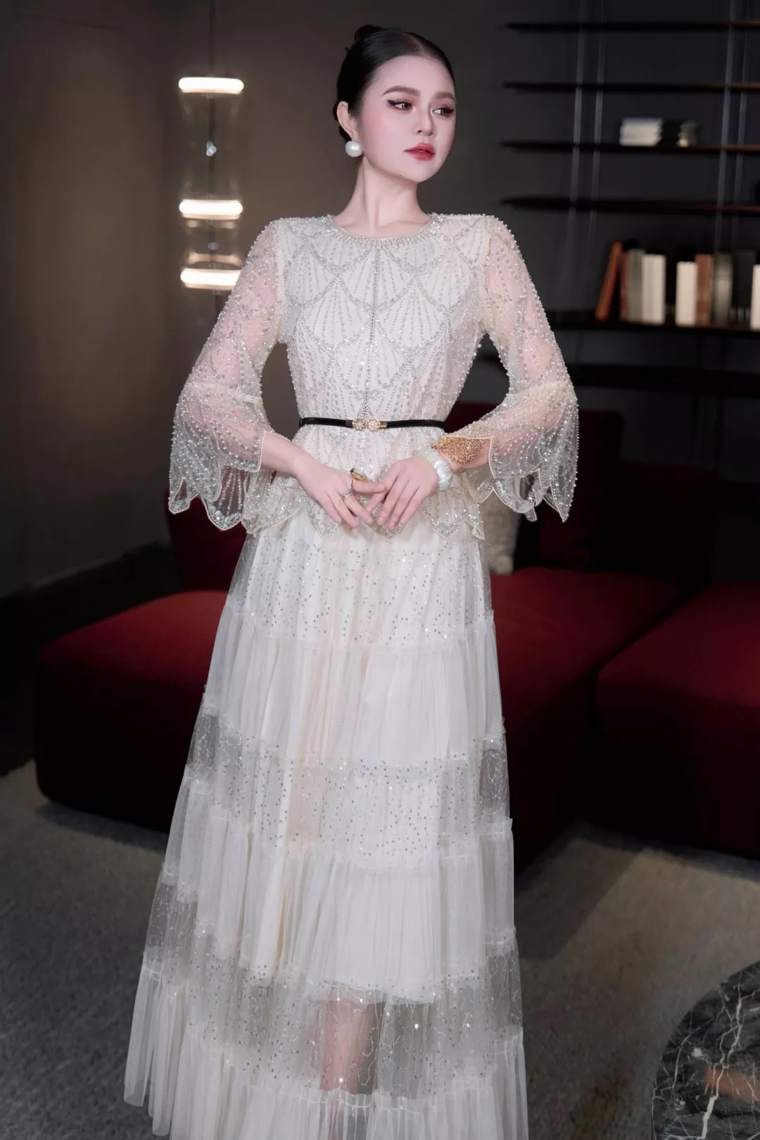 발렌티노 비즈 장식 메쉬 블라우스와 롱 스커트 구성 상세 이미지 17