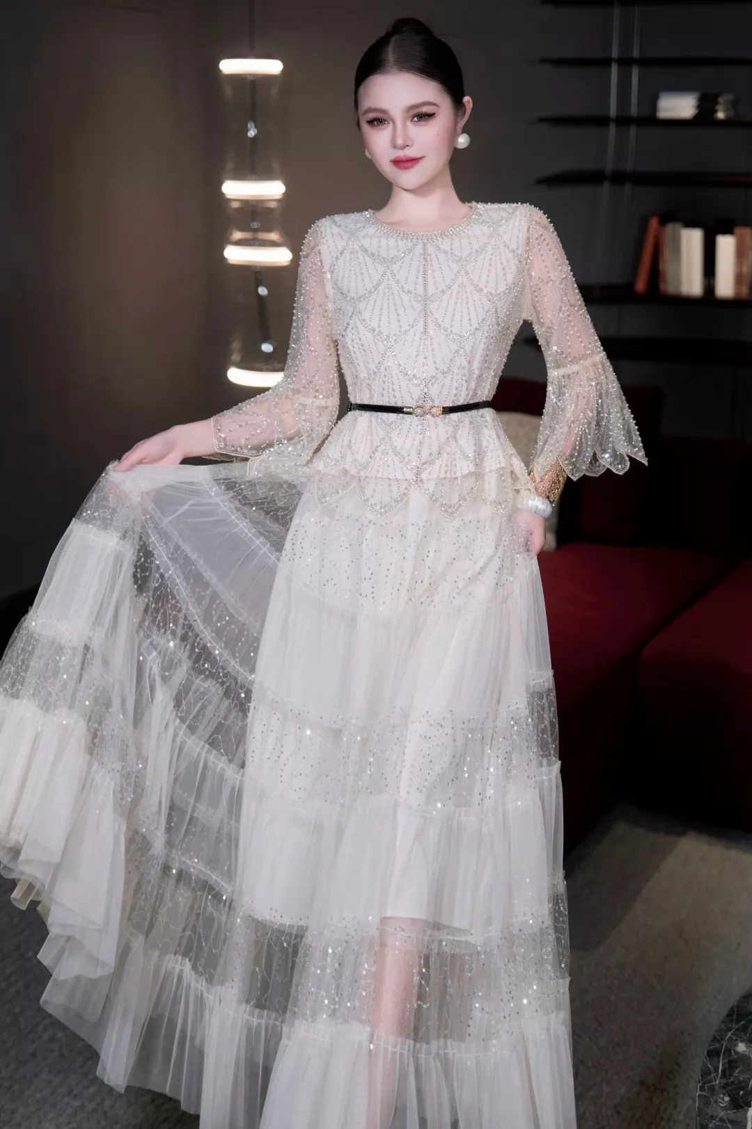 발렌티노 비즈 장식 메쉬 블라우스와 롱 스커트 구성 상세 이미지 18