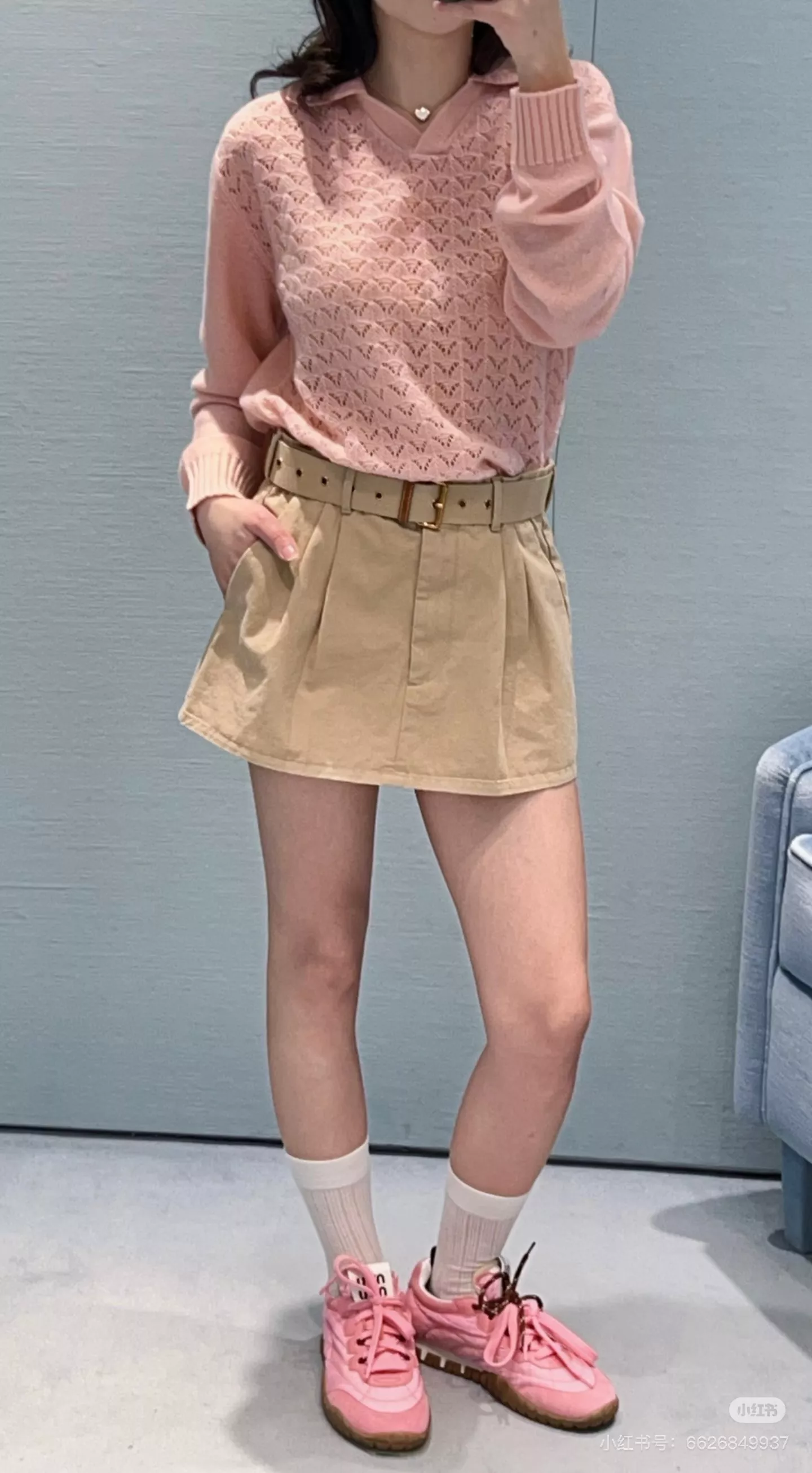 미우미우 카키 컬러 벨트 포인트 스커트 상세 이미지 7