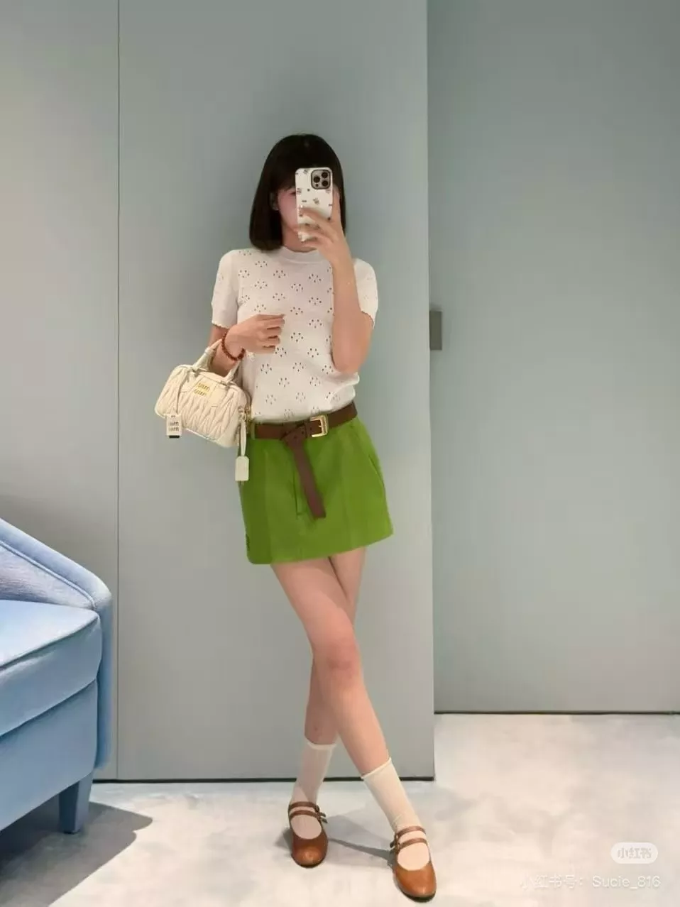 미우미우 펀칭 디테일 반소매 니트 탑 상세 이미지 2